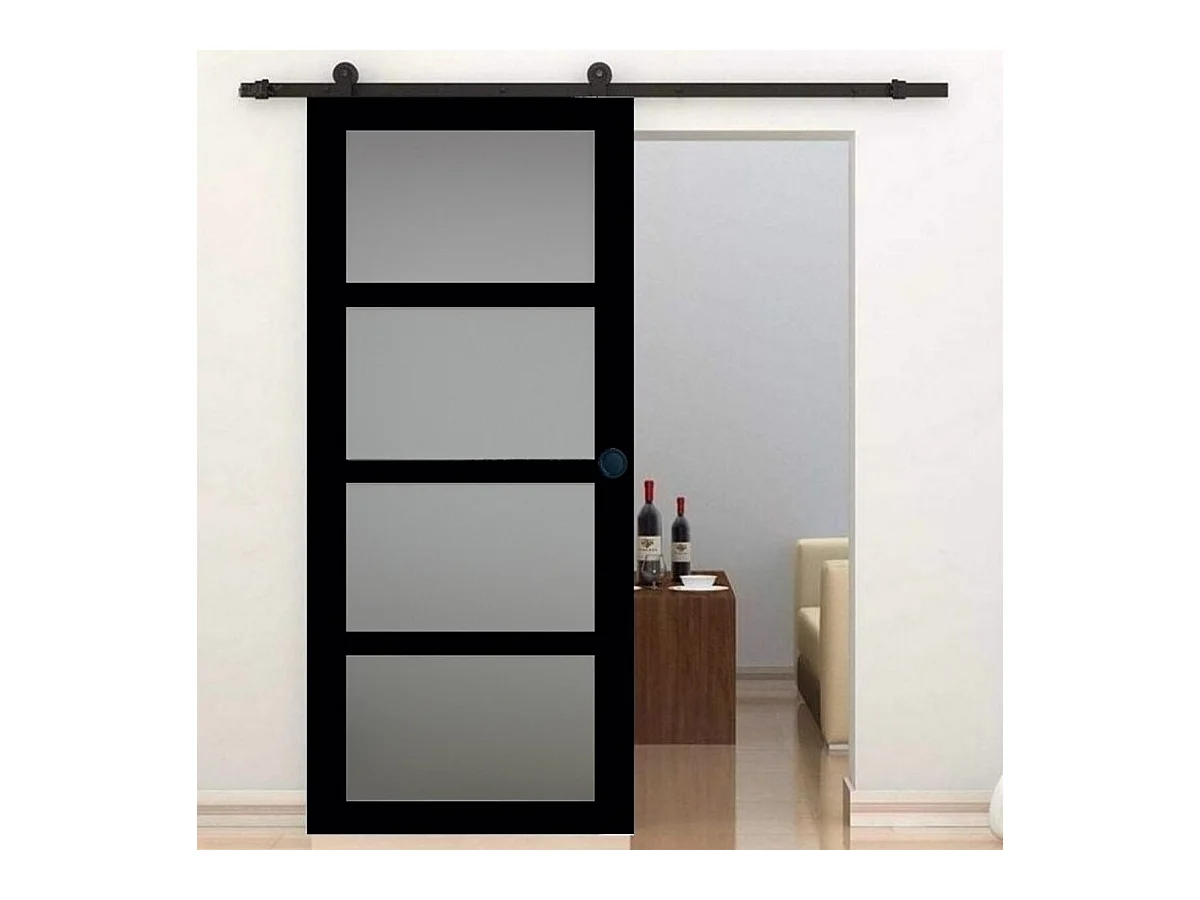 Gd Menuiseries Telia Zwarte Glazen Schuifdeur H204 X L73 + Rolrail En 2 Zwarte Schelpen