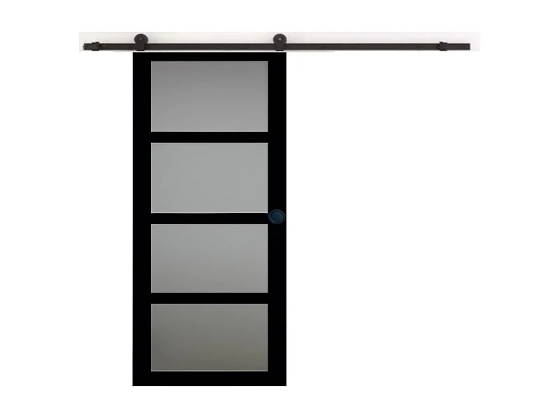 Porte Coulissante Telia Noir Vitree H204 X L73 + Rail A Roulettes Et Coquilles Noir Gd Menuiseries