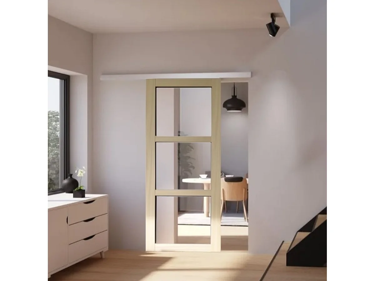 Porte Coulissante Bois Ayous Vitrage Transparent H204 Xll83 Cm, Rail Alu Gd Menuiseries