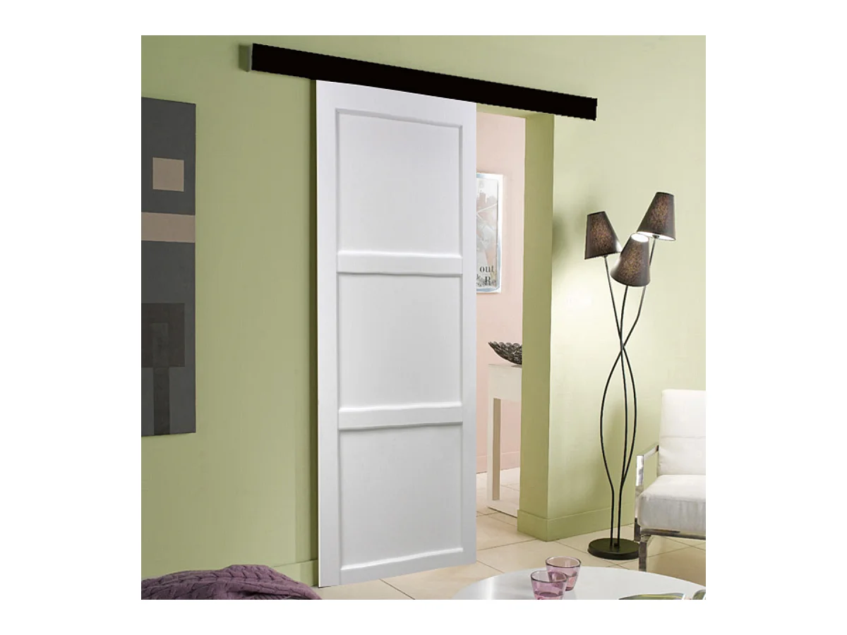 Porte Coulissante Korya Blanc 3 Panneaux H204 X L93 + Rail Alu Bandeau Noir Gd Menuiseries