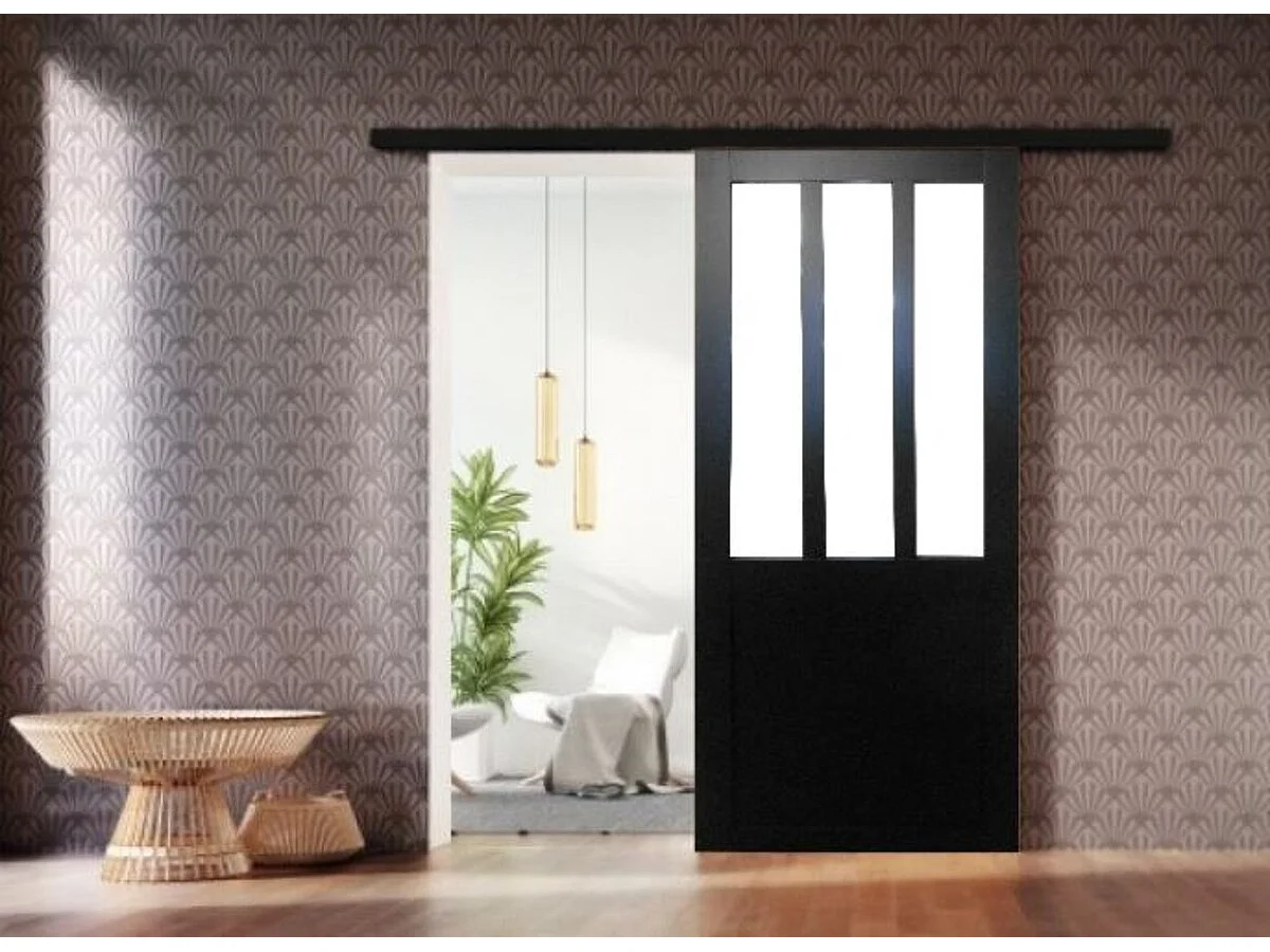 Puerta corredera de taller negra vidrio esmerilado H204 x L73 + riel de aluminio Tira negra