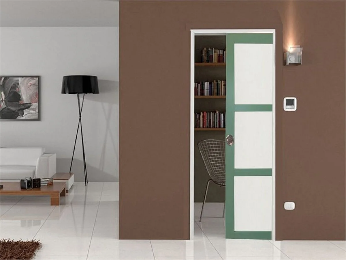 Puerta corredera de color verde claro con vidrio H204 x L73 cm, empotrada, kit de acabado Gd Menuiseries sin manilla