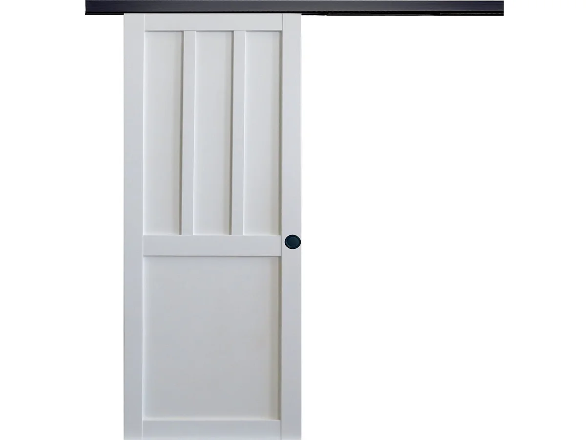 Porta scorrevole da laboratorio con 2 pannelli bianchi H204 x L83 cm, binario in alluminio con banda nera, conchiglie nere per GD MENUISERIES