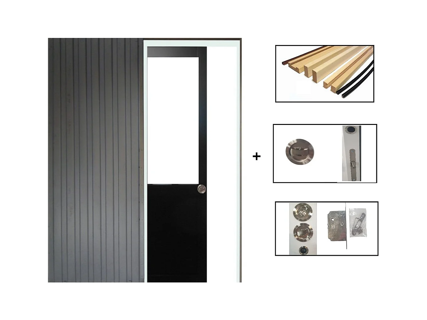 Porte Coulissante Atelier Noir H204 X L93 Sans Meneau + Systeme Galandage Et Kit De Finition Inclus Gd Menuiseries