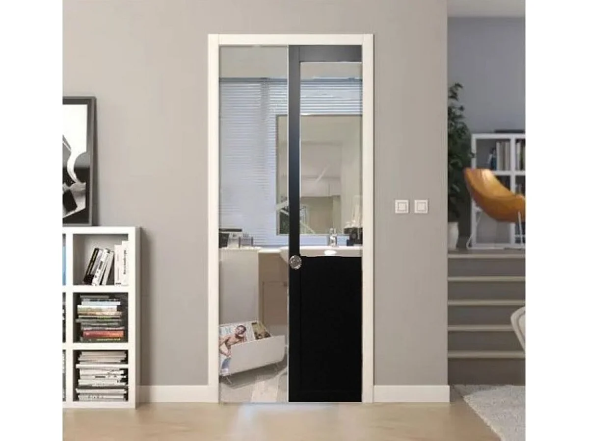 Puerta Corredera de Taller Negra Al204 x L93 sin parteluz + Sistema de bolsillo y kit de acabado incluidos sin manilla