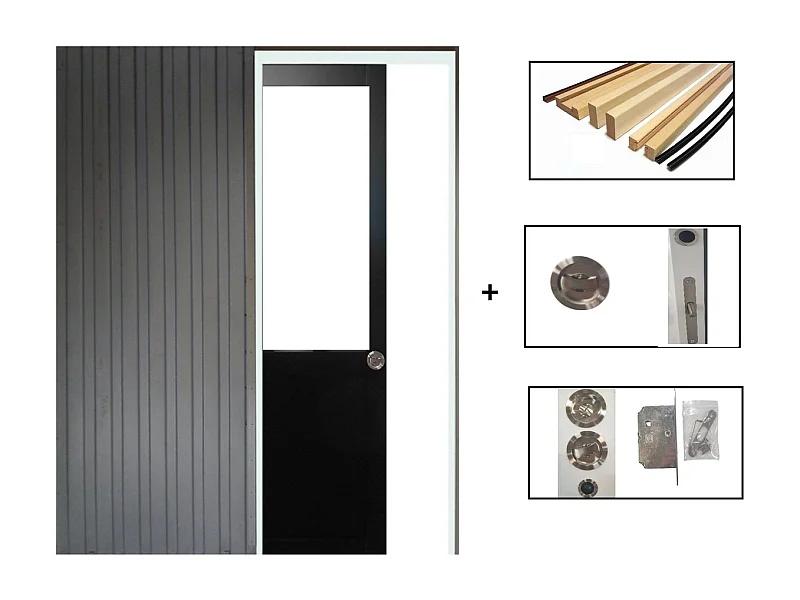 Porte Coulissante Atelier Noir H204 X L93 Sans Meneau + Systeme Galandage Et Kit De Finition Inclus Gd Menuiseries