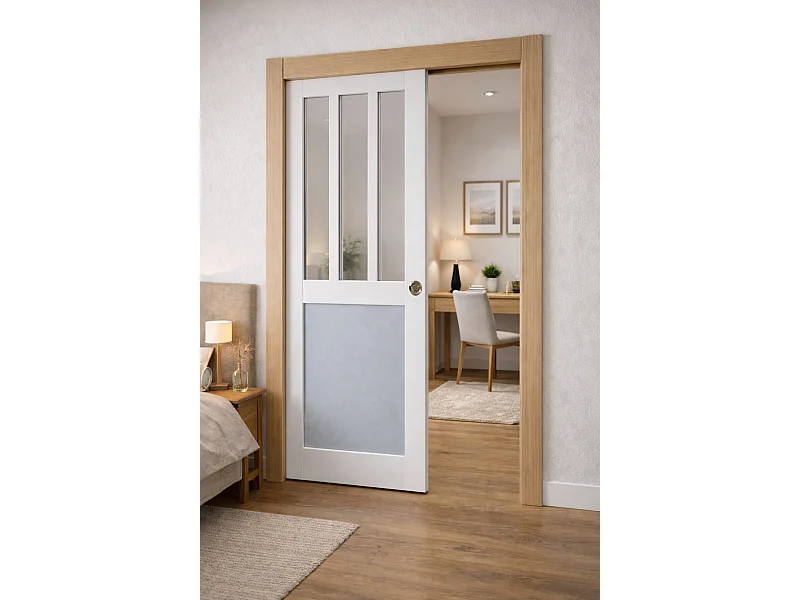 Porte Coulissante Atelier Blanc, Gris Ral7035 Vitrée H204 X L83, Galandage, Kit De Finition Gd Menuiseries