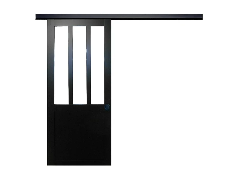 Zwarte werkplaatsschuifdeur H204 x L83 + zwarte aluminium rail en 2 zwarte schalen