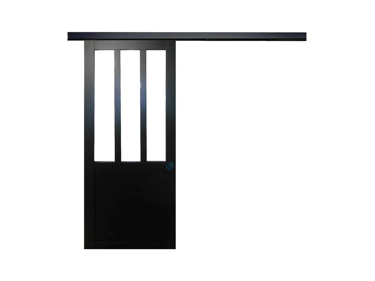 Zwarte werkplaatsschuifdeur H204 x L83 + zwarte aluminium rail en 2 zwarte schalen