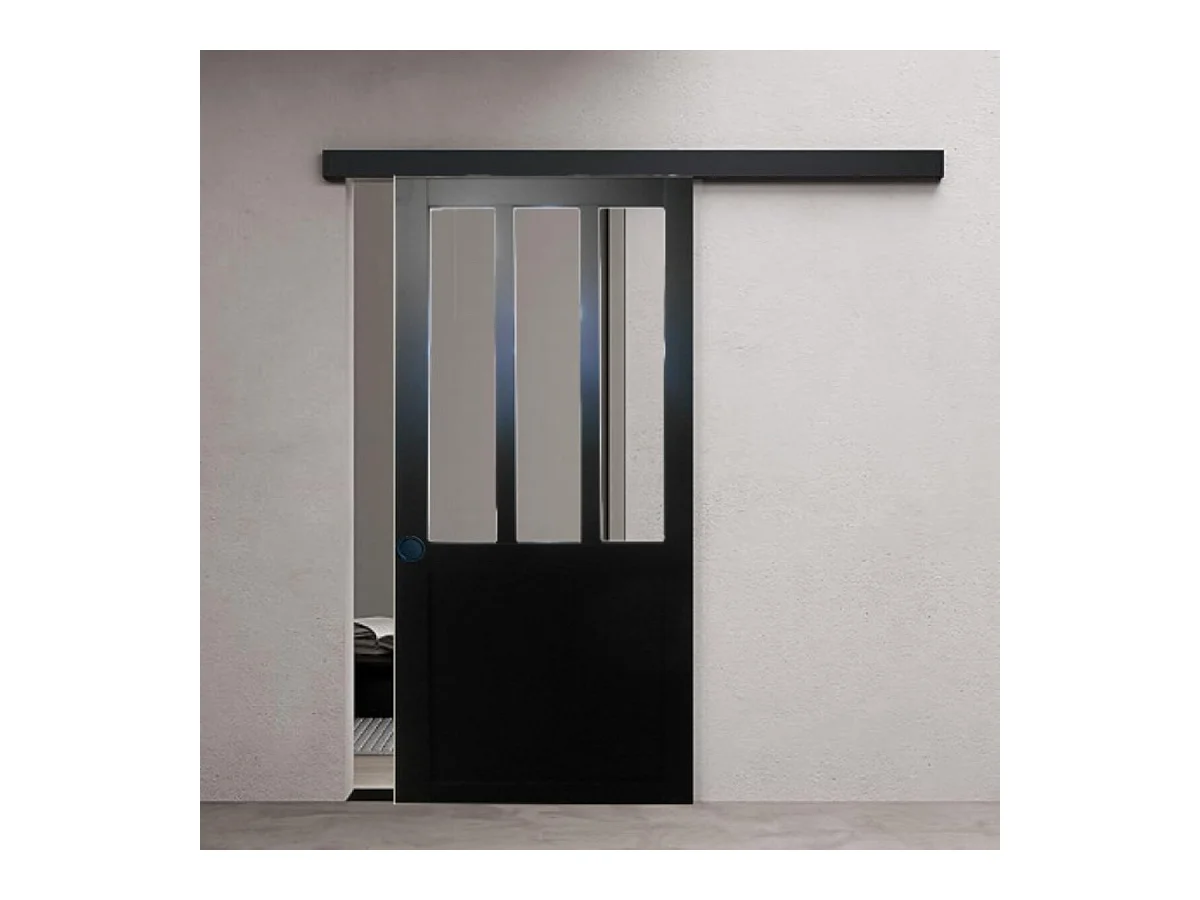 Zwarte werkplaatsschuifdeur H204 x L83 + zwarte aluminium rail en 2 zwarte schalen