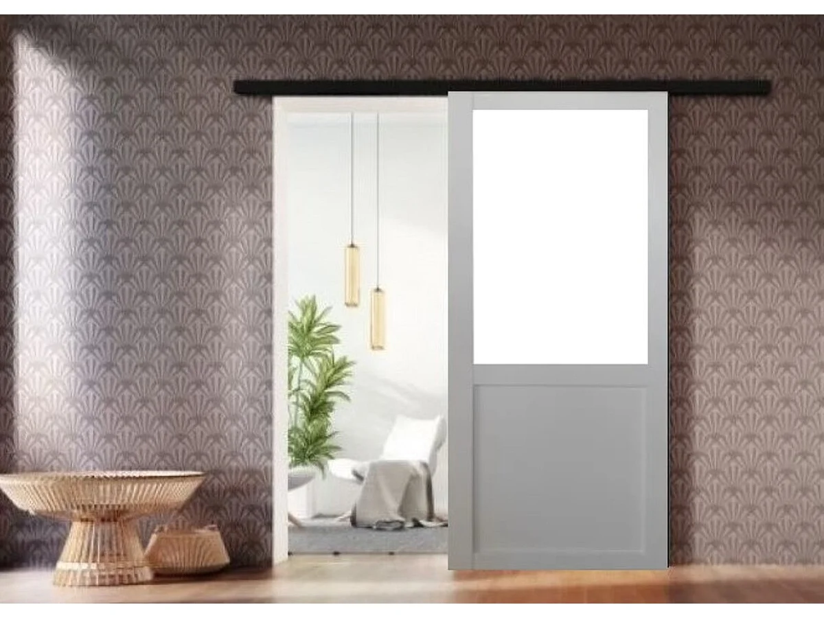 Porte Coulissante Atelier Blanc H204 X L93 Sans Meneau + Rail Alu Bandeau Noir Et Coquilles Gd Menuiseries