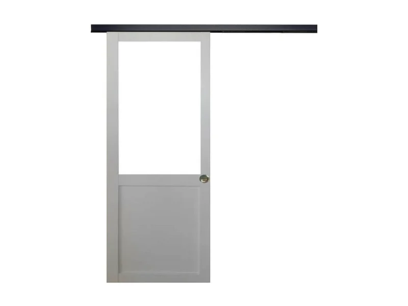 Porte Coulissante Atelier Blanc H204 X L93 Sans Meneau + Rail Alu Bandeau Noir Et Coquilles Gd Menuiseries