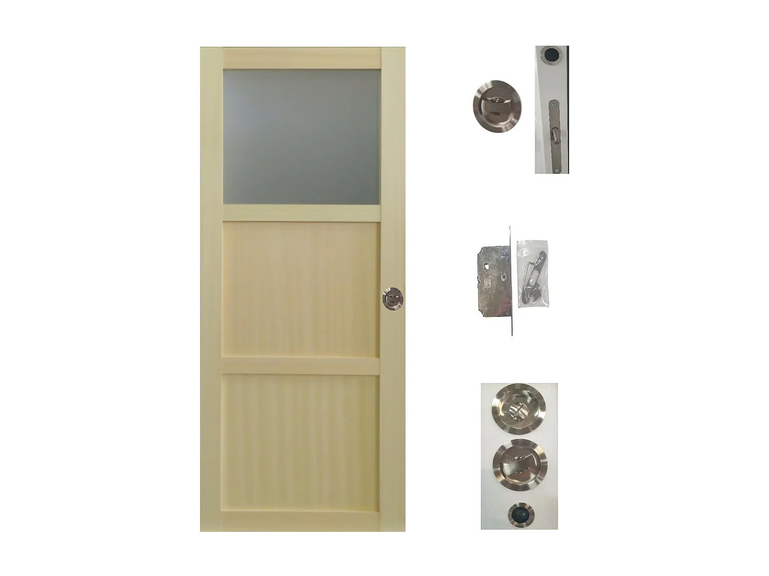 Porte Coulissante Bois Ayous 2 Panneaux + 1 Vitrage H204 X L73 + Serrure A  Condamnation Gd Menuiseries