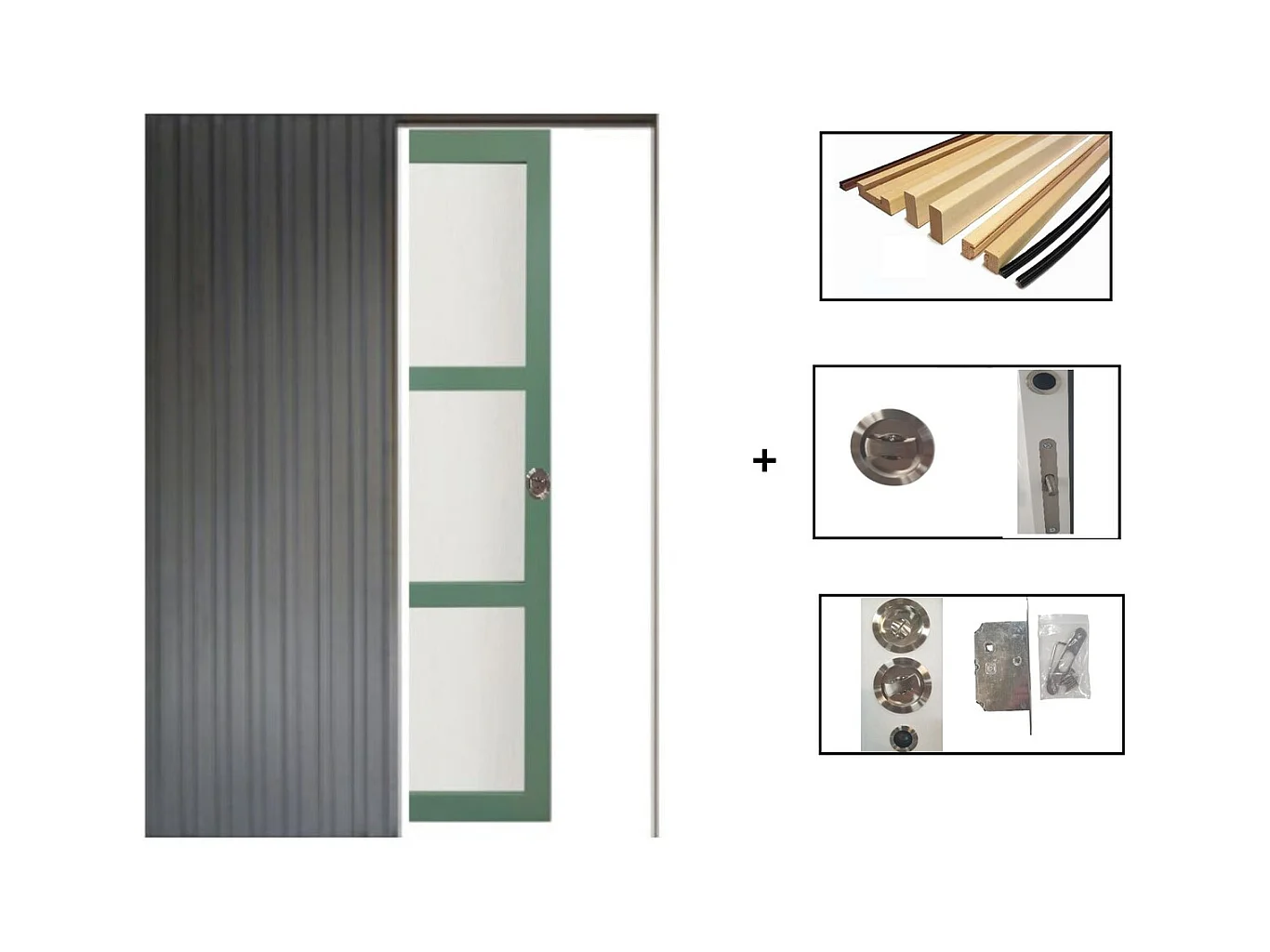 Porte Coulissante Vert Ral 6021 Vitree H204 X L83 + Systeme De Galandage Et Kit De Finition Inclus Gd Menuiseries