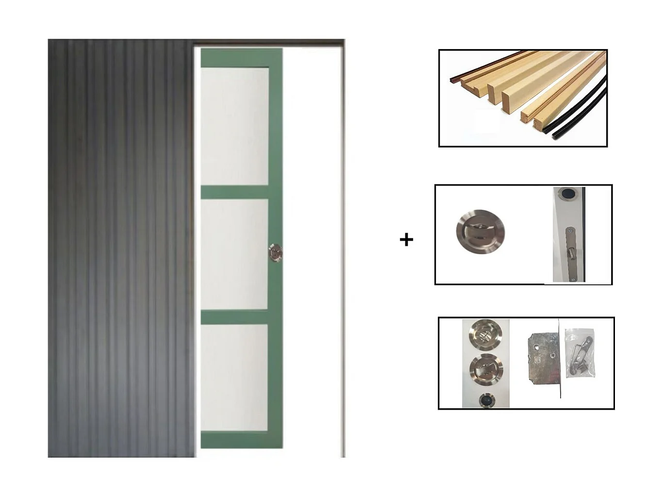 Porte Coulissante Vert Ral 6021 Vitree H204 X L83 + Systeme De Galandage Et Kit De Finition Inclus Gd Menuiseries