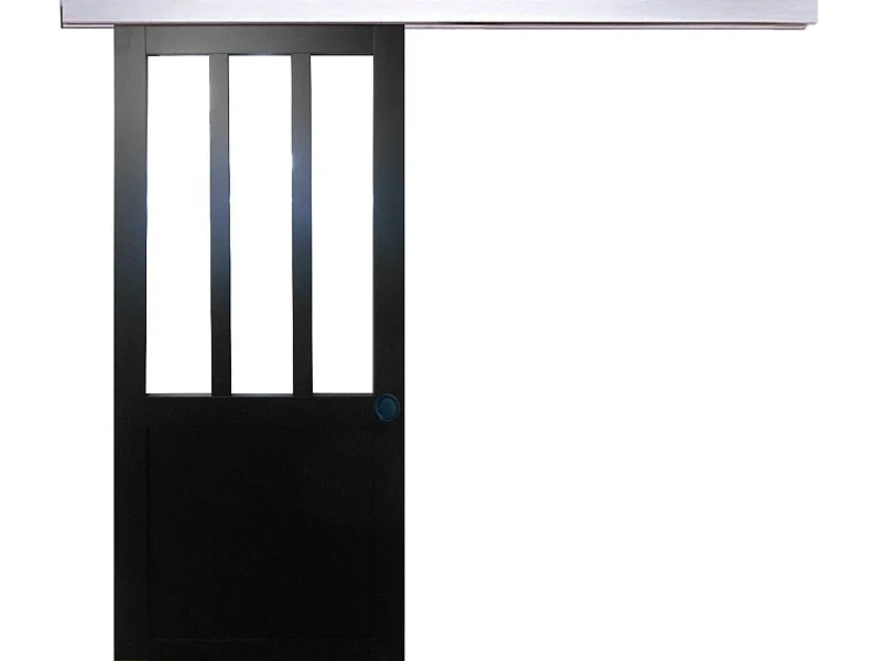 Puerta corredera de taller negra Al204 x L83 + riel de aluminio y 2 carcasas negras