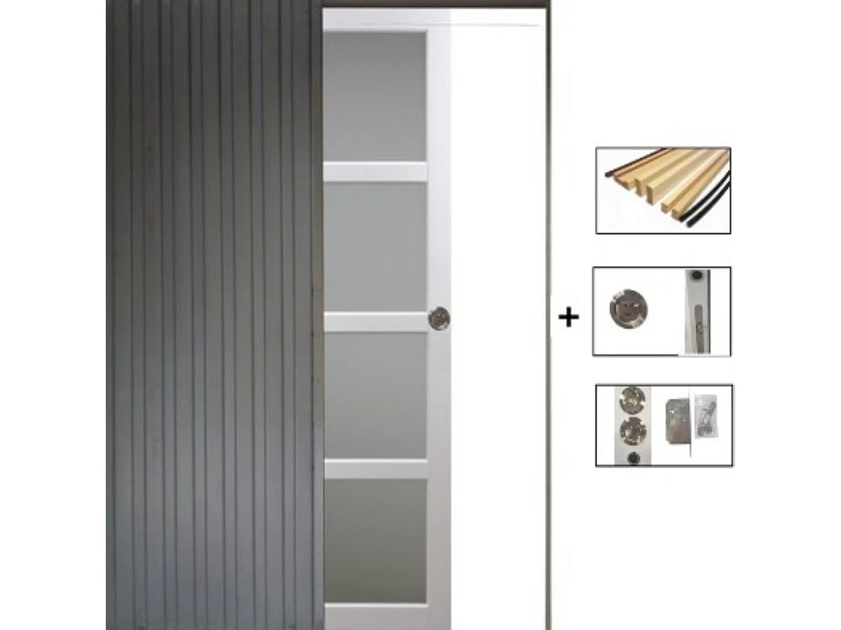Puerta corredera Tana blanca con cristal H204 x L63 cm, empotrada, kit de acabado Gd Menusieries