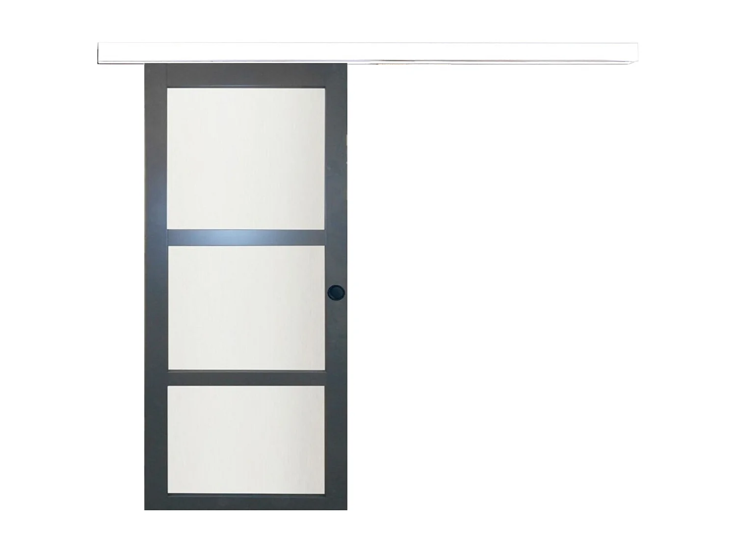 Porta scorrevole Blakeria con vetrata grigia antracite H204 x L83 cm, binario in alluminio con fascia bianca, conchiglie nere GD MENUISERIES