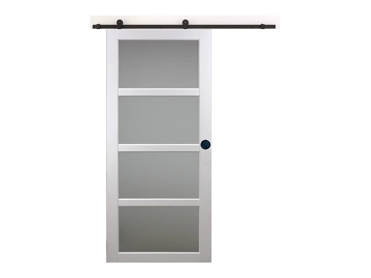 Porte Coulissante Tana Blanc Vitree H204 X L93 + Rail A  Roulettes Et Coquilles Noir Gd Menuiseries