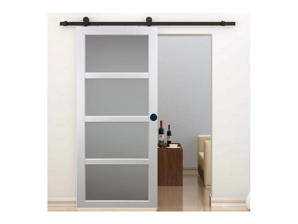Porte Coulissante Tana Blanc Vitree H204 X L93 + Rail A  Roulettes Et Coquilles Noir Gd Menuiseries