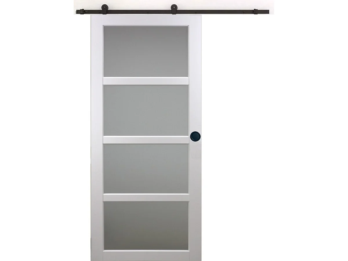 Porte Coulissante Tana Blanc Vitree H204 X L93 + Rail A  Roulettes Et Coquilles Noir Gd Menuiseries