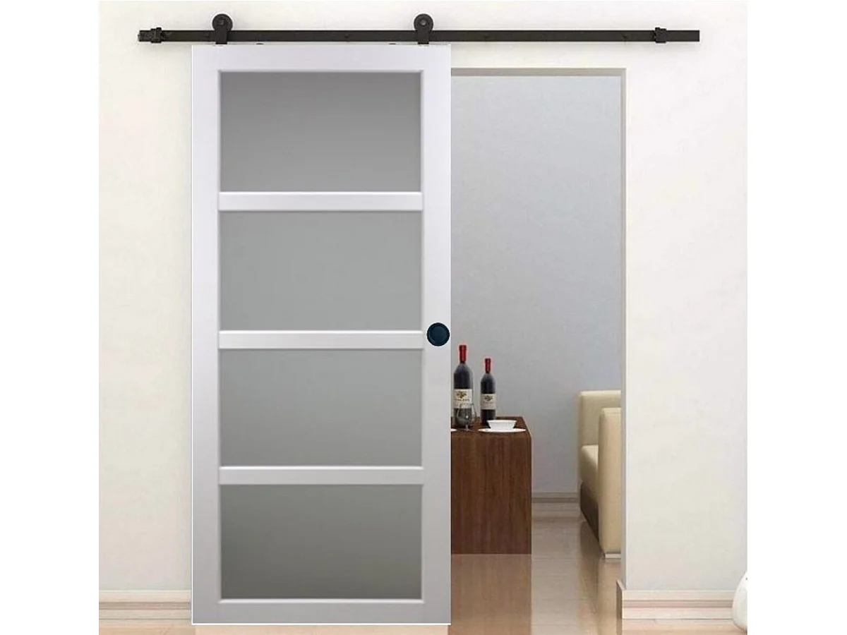 Porte Coulissante Tana Blanc Vitree H204 X L93 + Rail A  Roulettes Et Coquilles Noir Gd Menuiseries