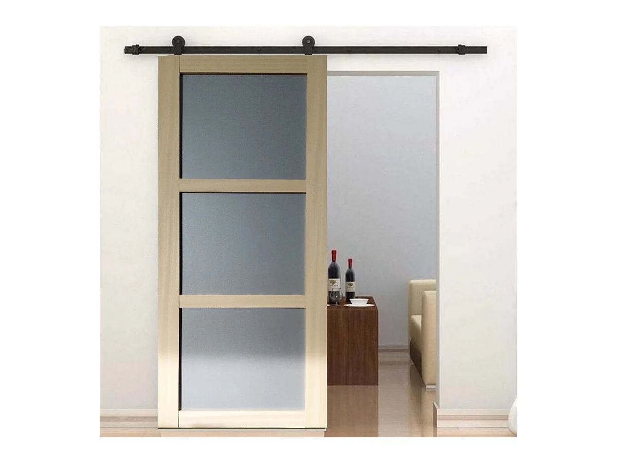 Porte Coulissante Ayous 3 Panneaux Gris Ral 7035 H204 X L73 + Rail A Roulettes Noir Gd Menuiseries