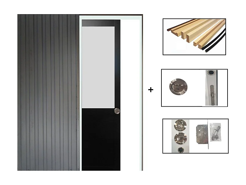 Porte Coulissant Athena Noir H204 X L73 + Systeme De Galandage Et Kit Finition Inclus Gd Menuiseries