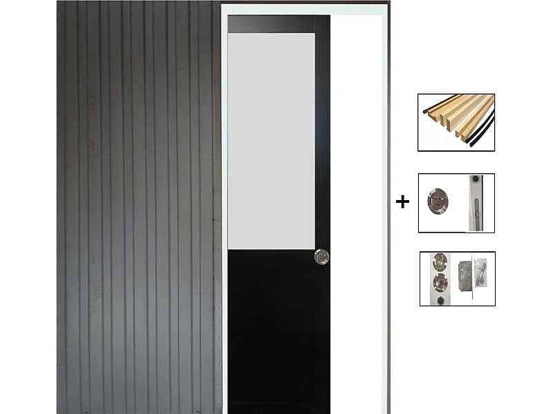 Porte Coulissant Athena Noir H204 X L73 + Systeme De Galandage Et Kit Finition Inclus Gd Menuiseries