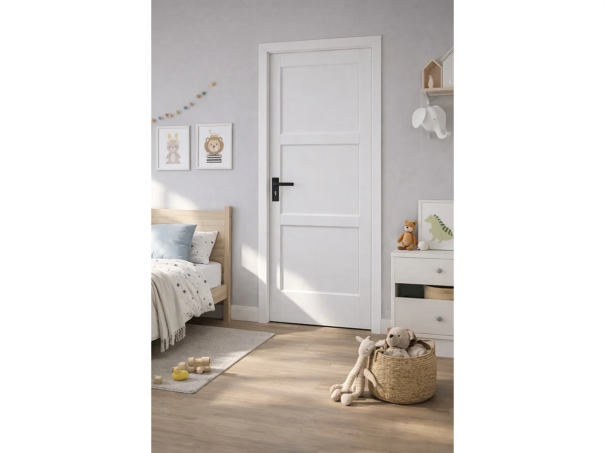Blocco Porta Korya Bianco 3 Pannelli H204 x L83 Pannello Nervature Spingendo Destra + Maniglia