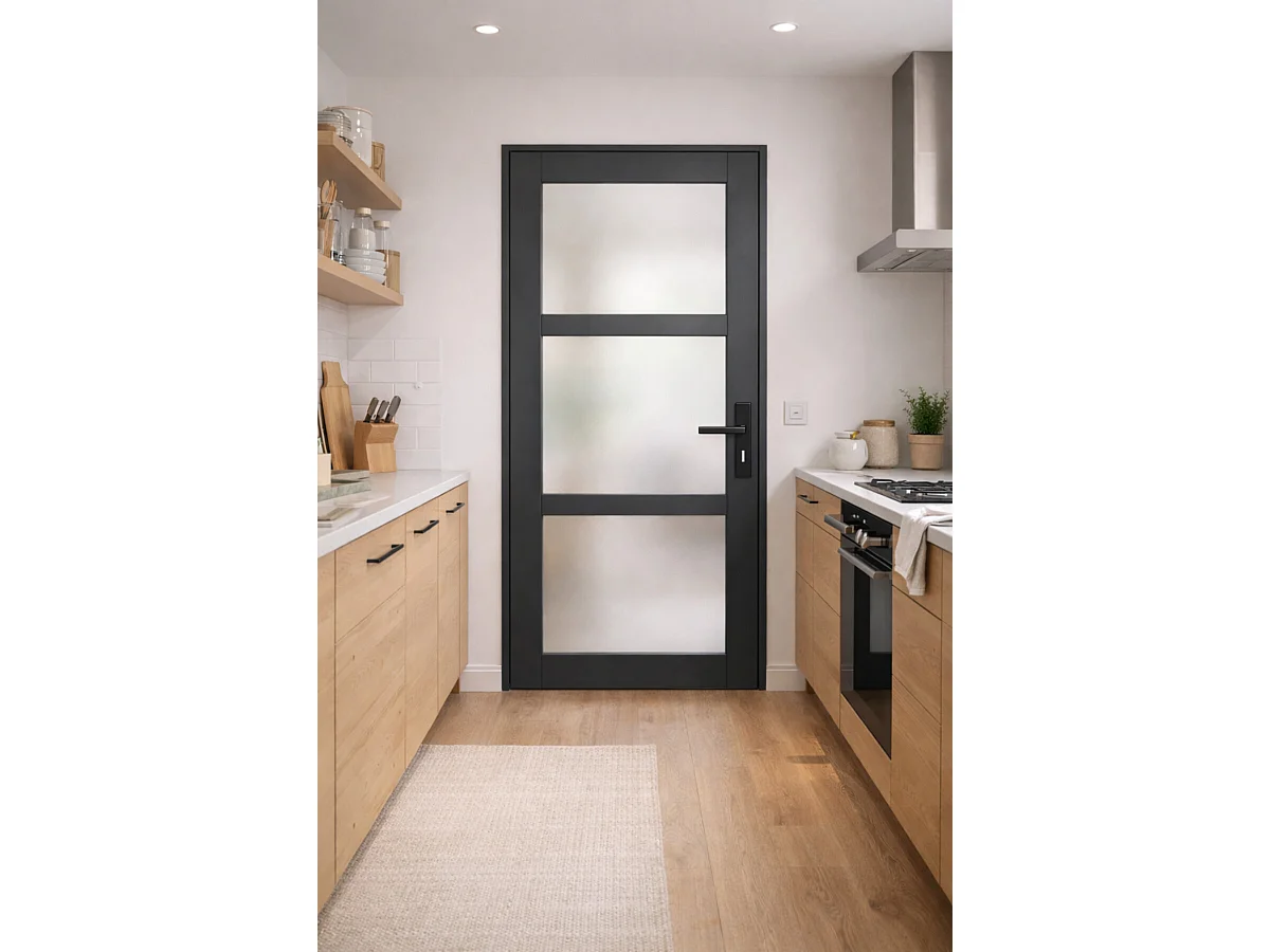 Gd Menuiseries Blakeria Ral7016 Glazen Deurblok H204 X L83 Linker Zijpaneel + Handgreep