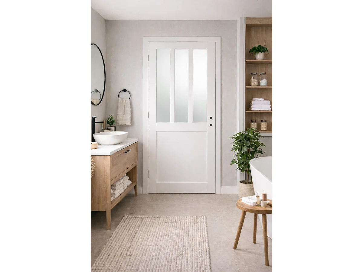 Blocco porta officina BIANCO vetro satinato H204 x L83 spingendo a destra Dimensioni tavolo