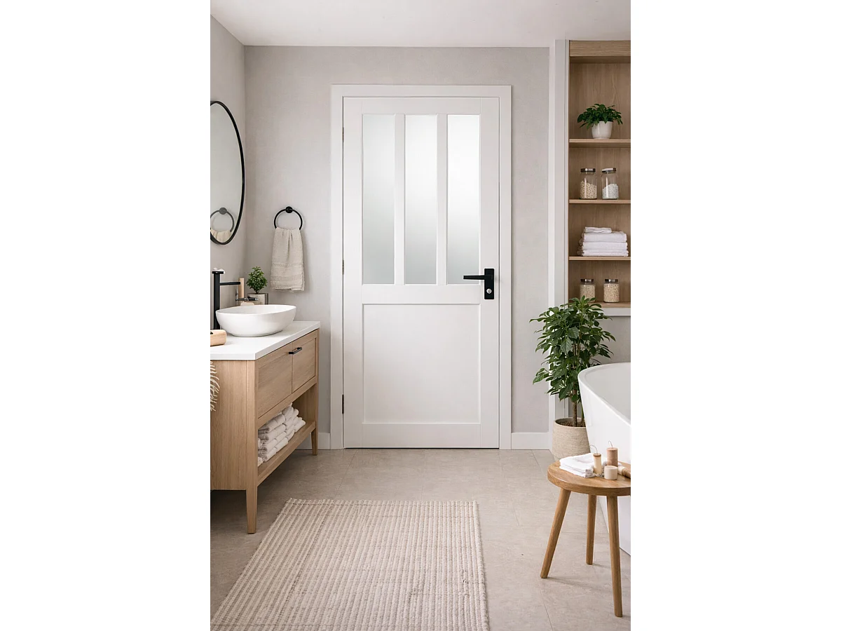 Blocco porta officina BIANCO in vetro satinato H204 x L73 Dimensioni tavolo spingendo a destra + maniglia