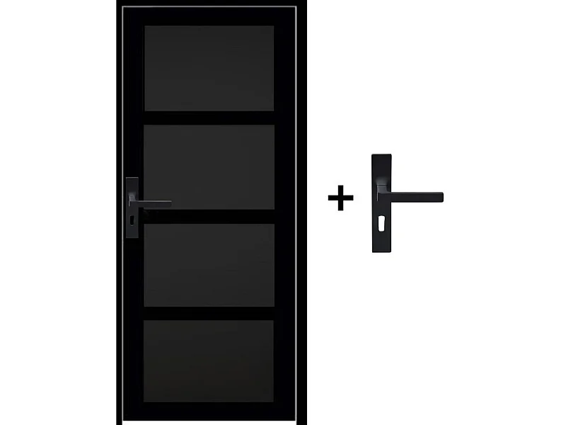 Bloc Porte Telia noir 4 panneaux H204 x L73 Poussant Droite Cotes Tableau +Poignee