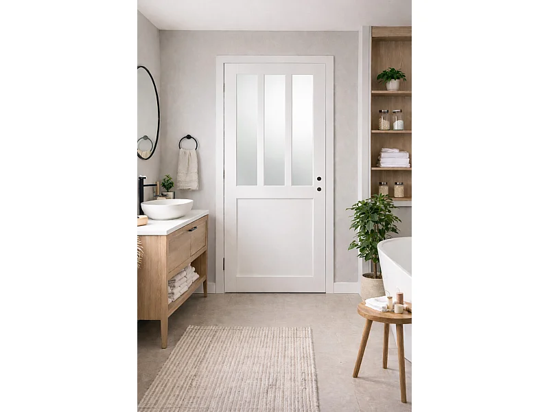 BLANCO Bloque de puerta de taller vidrio esmerilado H204 x L73 Empujando hacia la derecha Mesa de dimensiones