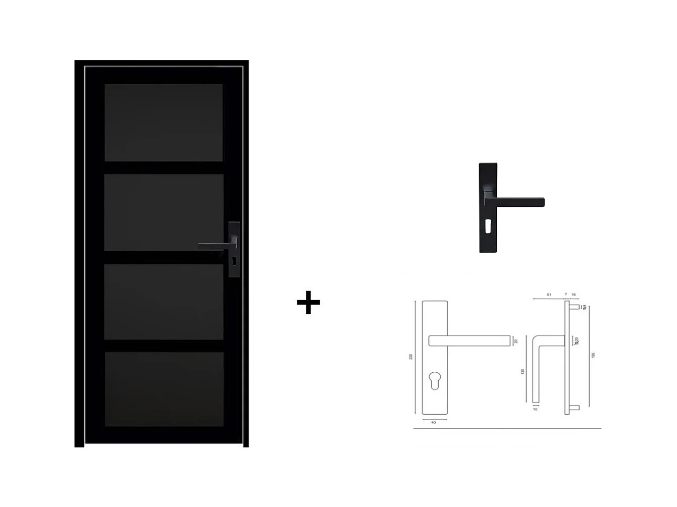 Bloc Porte  Telia Noir 4 Panneaux H204 X L83 Poussant Gauche Cotes Tableau +poignee Gd Menuiseries