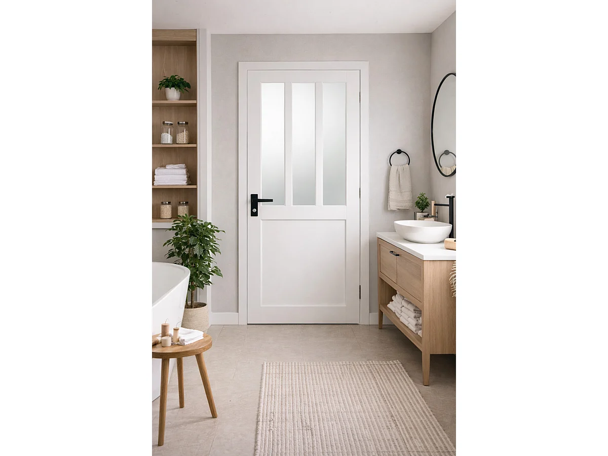 Blocco porta officina BIANCO in vetro smerigliato H204 x L83 Dimensioni tavolo a spinta sinistra + maniglia