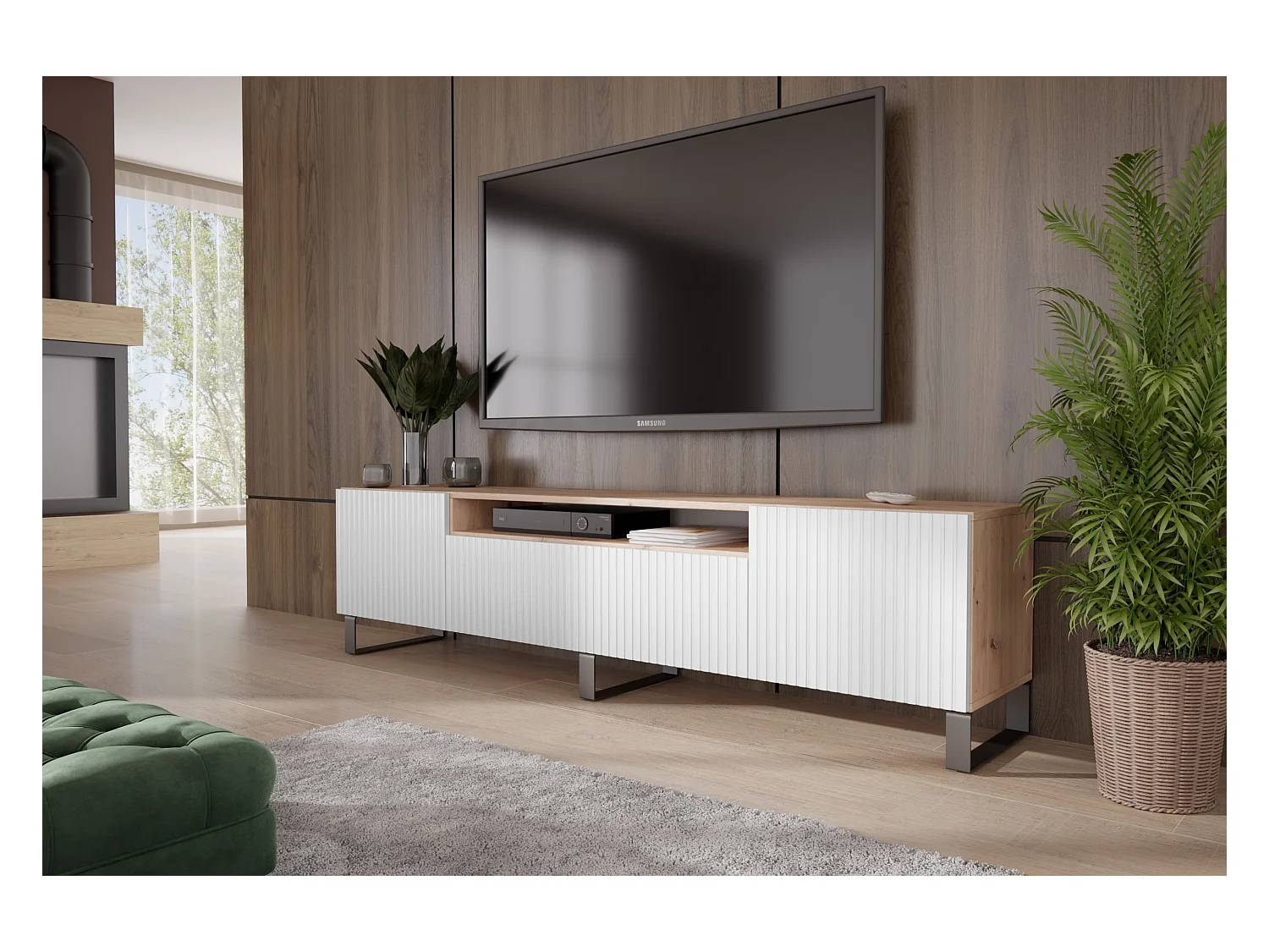 TV-Schrank Rico III Fernsehschrank TV-Lowboard 200 cm dreitürig Wohnzimmer Push-To-Open Funktion vertikal gefräste Fronten (Farbe: Eiche artisan, weiß)