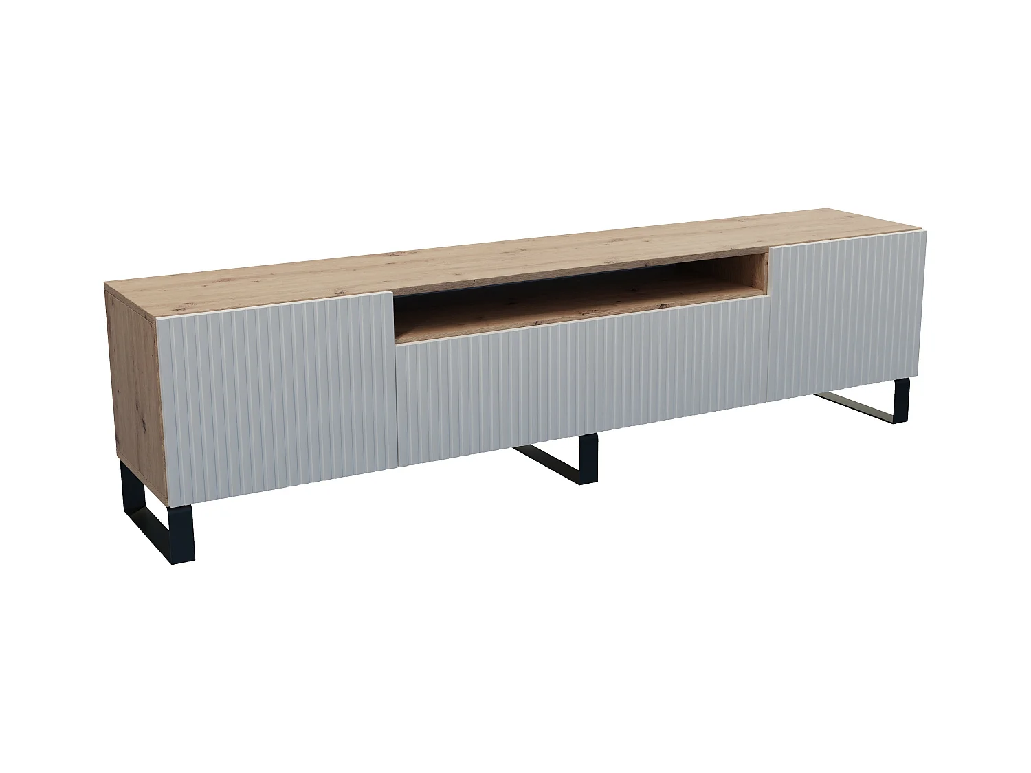 TV-Schrank Rico III Fernsehschrank TV-Lowboard 200 cm dreitürig Wohnzimmer Push-To-Open Funktion vertikal gefräste Fronten (Farbe: Eiche artisan, weiß)