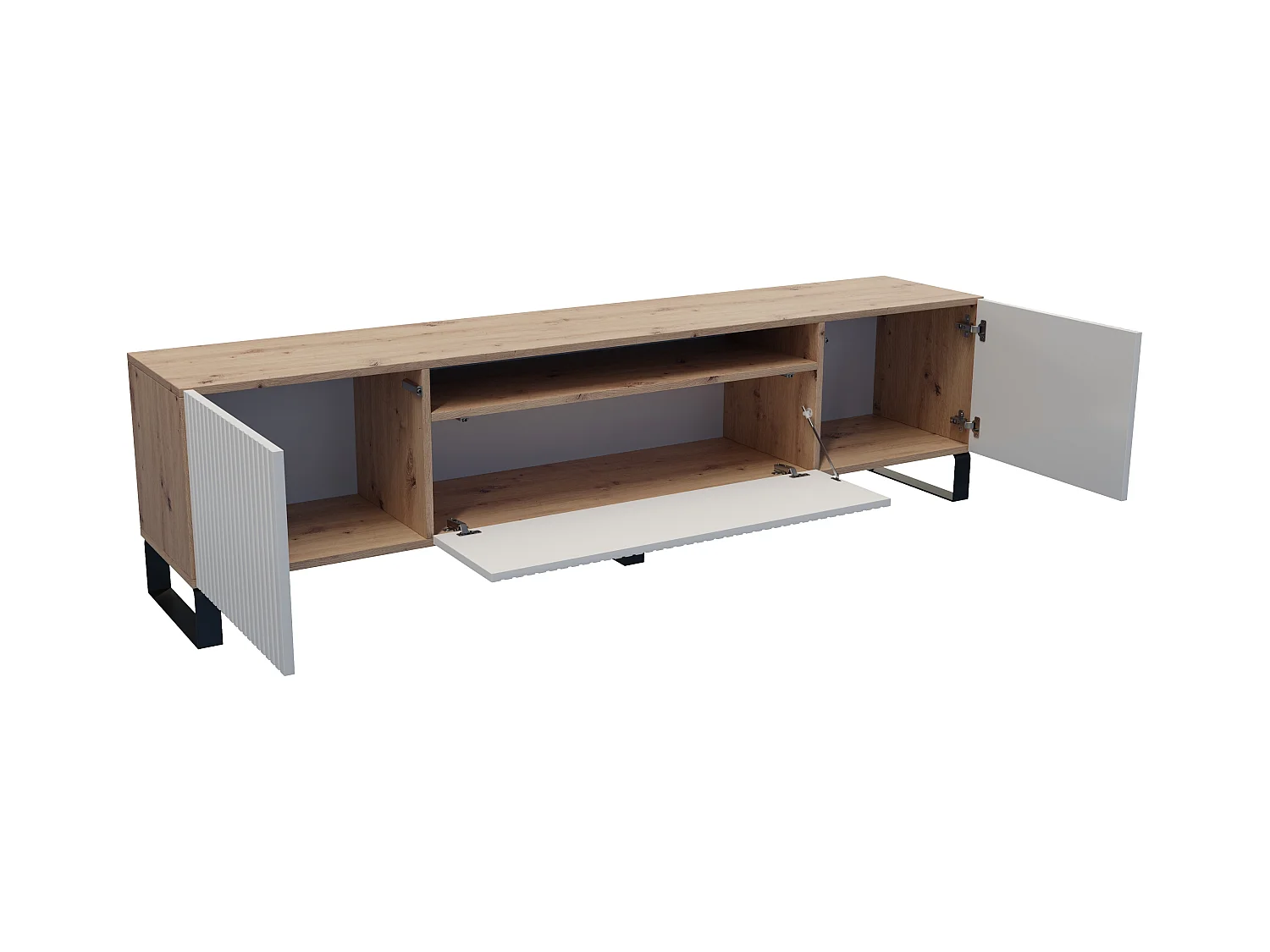 TV-Schrank Rico III Fernsehschrank TV-Lowboard 200 cm dreitürig Wohnzimmer Push-To-Open Funktion vertikal gefräste Fronten (Farbe: Eiche artisan, weiß)