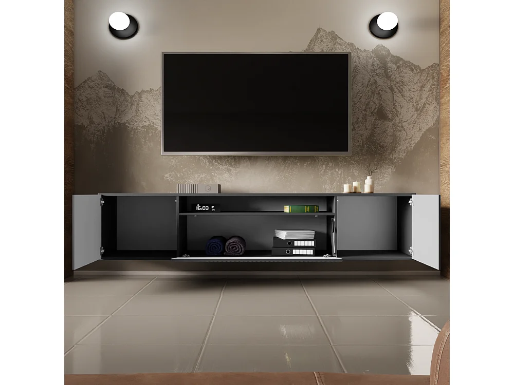 TV-Schrank Neo, Wohnwand, Lowboard, TV Ständer, Wohnwand, Wohnzimmer, TV Board, Fernseher, Highboard, Fernsehschrank, 200 cm, 3-türig, graphit