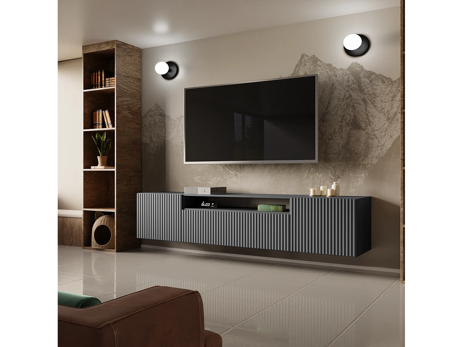Meuble TV Neo, meuble haut, meuble TV bas, meuble TV, meuble mural, salon, meuble TV, télévision, buffet haut, meuble TV, 200 cm, 3 portes, graphite