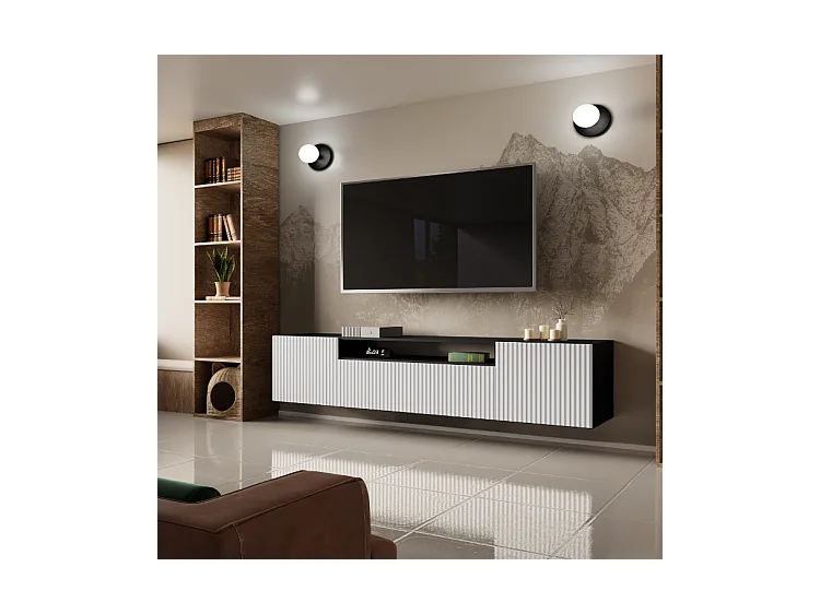 TV-Schrank Neo, Wohnwand, Lowboard, TV Ständer, Wohnwand, Wohnzimmer, TV Board, Fernseher, Highboard, Fernsehschrank, 200 cm, 3-türig, schwarz, weiß