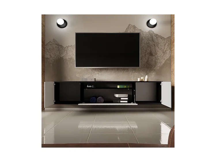 TV-Schrank Neo, Wohnwand, Lowboard, TV Ständer, Wohnwand, Wohnzimmer, TV Board, Fernseher, Highboard, Fernsehschrank, 200 cm, 3-türig, schwarz, weiß