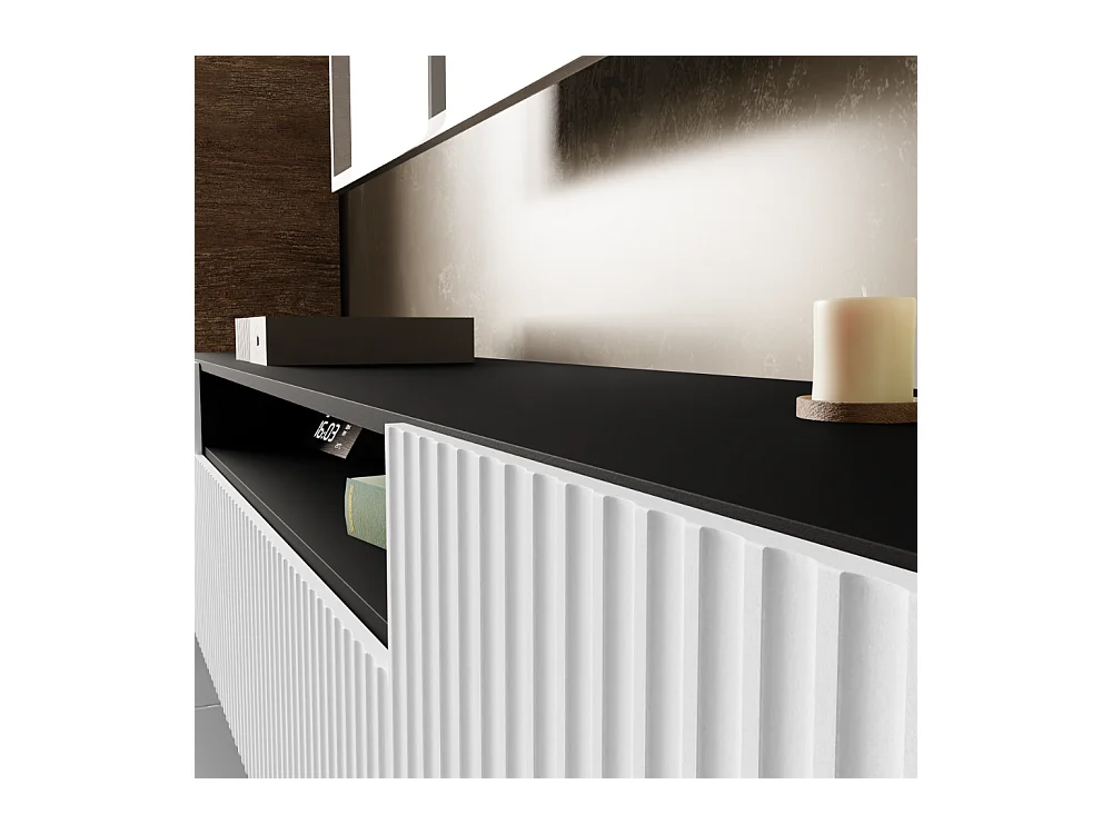 TV-Schrank Neo, Wohnwand, Lowboard, TV Ständer, Wohnwand, Wohnzimmer, TV Board, Fernseher, Highboard, Fernsehschrank, 200 cm, 3-türig, schwarz, weiß