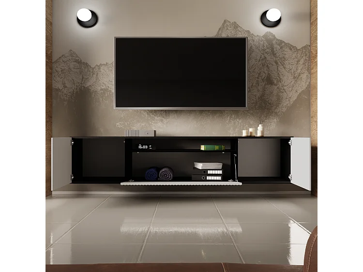 TV-Schrank Neo, Wohnwand, Lowboard, TV Ständer, Wohnwand, Wohnzimmer, TV Board, Fernseher, Highboard, Fernsehschrank, 200 cm, 3-türig, schwarz, weiß