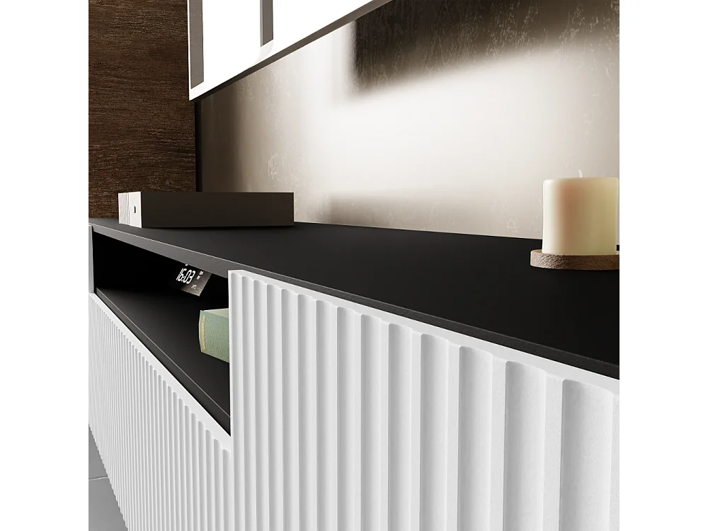 TV-Schrank Neo, Wohnwand, Lowboard, TV Ständer, Wohnwand, Wohnzimmer, TV Board, Fernseher, Highboard, Fernsehschrank, 200 cm, 3-türig, schwarz, weiß