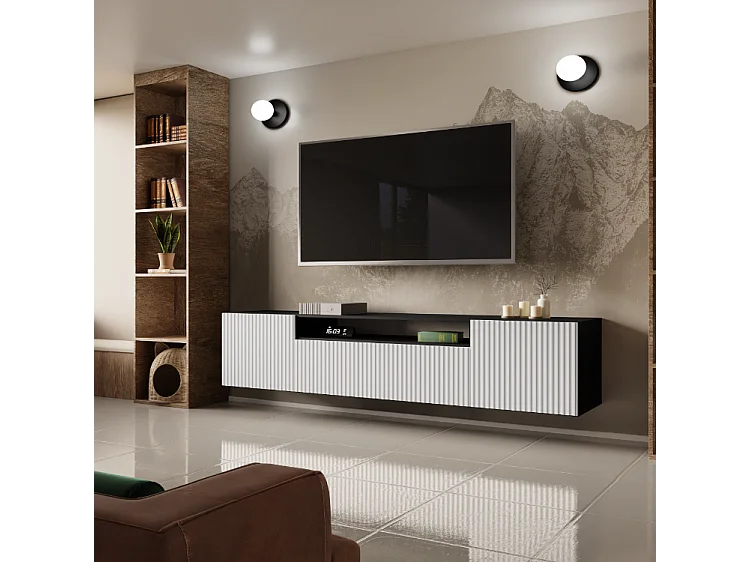 TV-Schrank Neo, Wohnwand, Lowboard, TV Ständer, Wohnwand, Wohnzimmer, TV Board, Fernseher, Highboard, Fernsehschrank, 200 cm, 3-türig, schwarz, weiß