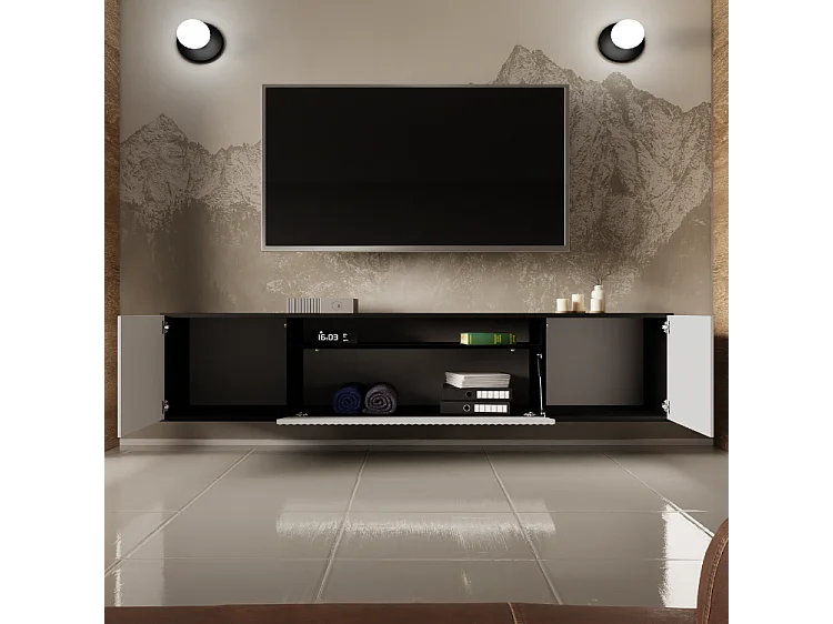 TV-Schrank Neo, Wohnwand, Lowboard, TV Ständer, Wohnwand, Wohnzimmer, TV Board, Fernseher, Highboard, Fernsehschrank, 200 cm, 3-türig, schwarz, weiß