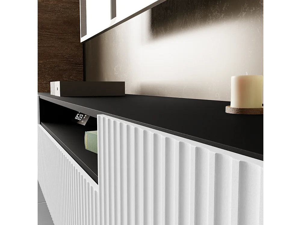 TV-Schrank Neo, Wohnwand, Lowboard, TV Ständer, Wohnwand, Wohnzimmer, TV Board, Fernseher, Highboard, Fernsehschrank, 200 cm, 3-türig, schwarz, weiß